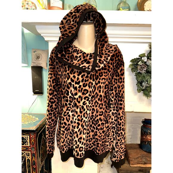 DONNA SALYERS FABULOUS FURS VELVETY LEOPARD HOODIE OVERSIZED PULLOVER M - Picture 1 of 6